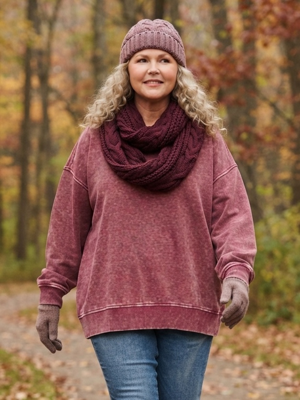 262 FREE SHIPPING Zenana 1X - 3X Cabernet ACID WASH OVERSIZED
FLEECE PULLOVER